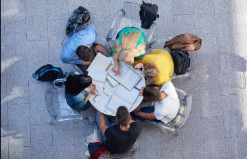 Birds-eye view of students working together. 